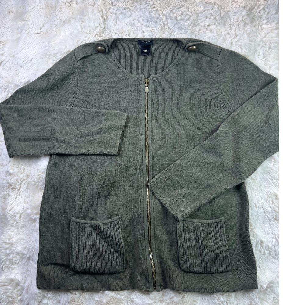 Ann Taylor Olive Green Zip Up Cardigan Ribbed Knit Sweater Epaulettes Size L A35